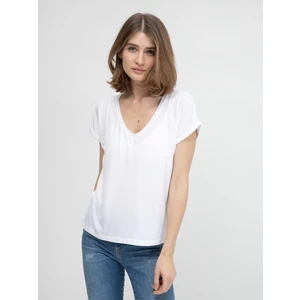 Big Star Woman's V_neck_ss T-shirt 152083 Cream Knitted-101