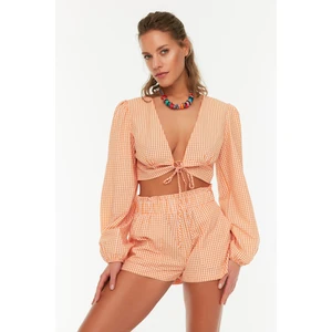 Trendyol Orange Gingham Tie Detailed Blouse-Short Set