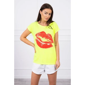 Blouse with lips print yellow neon+red