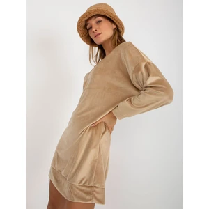 Beige loose velor dress with neckline