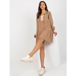 Loose camel dress Kaley RUE PARIS with frills and lace