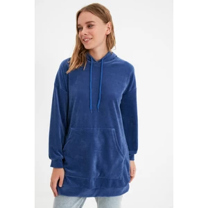 Trendyol Indigo Hooded Kangaroo Pocket Velvet Knitted Sweatshirt