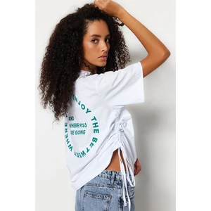 Trendyol White 100% Cotton Back Printed Gathered Oversize/Wide Cut Crew Neck T-Shirt