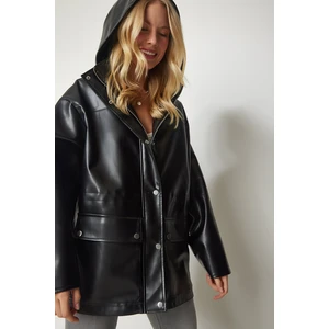 Happiness İstanbul Women's Black Hooded Faux Leather Coat with Pocket