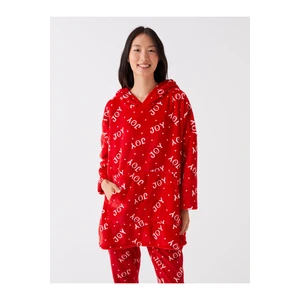 LC Waikiki Women's Hooded Christmas Theme Long Sleeve Plush Pajamas Top