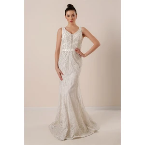 By Saygı Thick Straps Ghost Tulle Lined Silvery Long Dress Cream