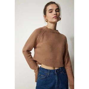 Happiness İstanbul Women's Biscuit Crew Neck Crop Knitwear Sweater