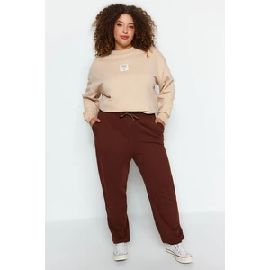 Trendyol Curve Brown Basic Jogger Pletené elastické manžetové tepláky