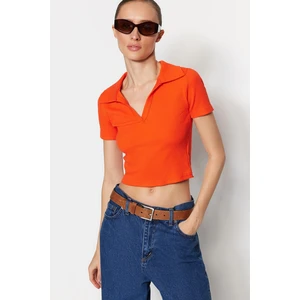 Trendyol Orange Fitted/Situated Crop Polo Neck Ribbed Stretch Knit Blouse