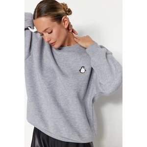 Trendyol Gray Animal With Embroidery Regular/Regular Fit Knitted Sweatshirt with Fleece Inside