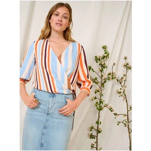 Orsay Blue-Orange Striped Wrap Blouse with Three-Quarter Sleeve - Women