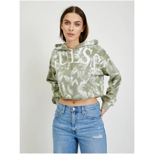 Zelená dámská batikovaná crop mikina s kapucí Guess Tie Dye - Dámské