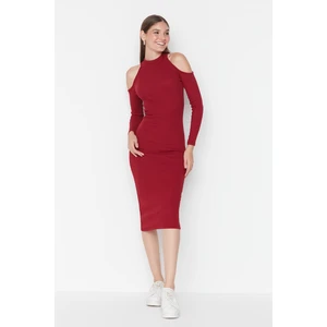 Trendyol Claret Red Cut Out Detailed Ribbed Midi Knitted Dress