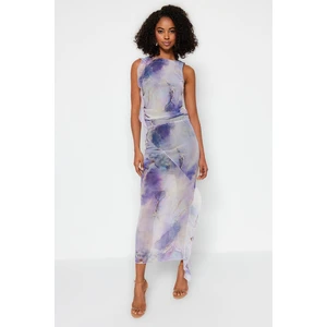 Trendyol Lilac Printed Tulle Slit Detailed Ruffled Midi Stretchy Knitted Skirt