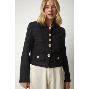 Happiness İstanbul Women's Black Stylish Button Detailed Tweed Crop Jacket