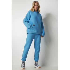 Happiness İstanbul Women's Sky Blue Hooded Raspberry Tracksuit Set