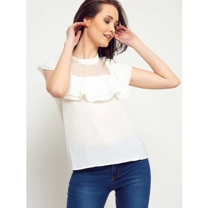 Blouse with stand-up collar and frill ecru