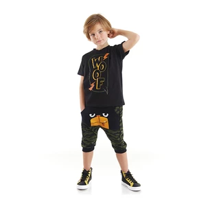 Denokids Woof Boys Black T-shirt Camouflage Khaki Capri Shorts Set