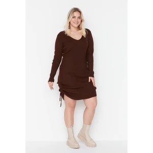 Trendyol Curve Brown Sweater Dress with Pleated Sides