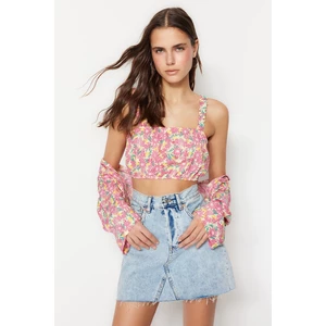 Trendyol Pink Fitted Crop Woven Floral Print Blouse