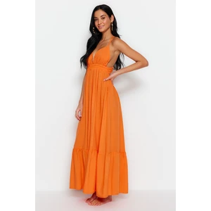 Trendyol Orange Maxi Weave Open Back Beach Dress