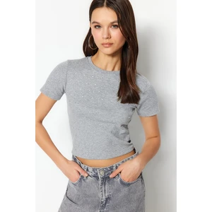 Trendyol Gray Melange Stone Detail Fitted/Situated Crew Neck, Flexible Knitted Cotton T-Shirt