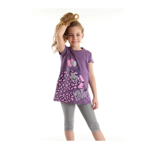 Mushi Leopard Girls Kids Purple T-shirt Shiny Silver Gray Disco Leggings Set.