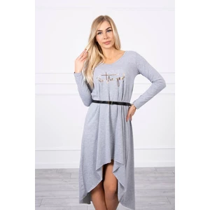 Dress with a decorative belt and an inscription grey
