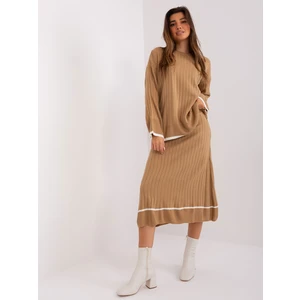 Camel ribbed knitted set with skirt