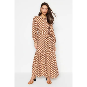 Trendyol Orange Belted Checkered Woven Shirt Dress