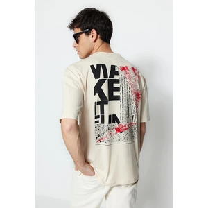 Trendyol Stone Oversize/Wide Cut Text Printed 100% Cotton T-Shirt