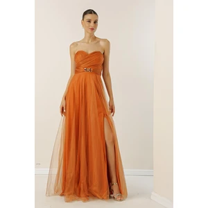 By Saygı Strapless, Buckled Waist, Draped and Lined Long Tulle Dress