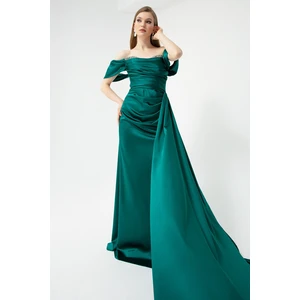 Lafaba Women's Emerald Green Boat Collar Long Satin Evening Dress with a Slit