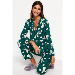 Trendyol Emerald Green Rabbit Patterned Viscose Shirt-Pants Woven Pajamas Set