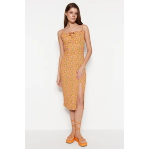 Trendyol Orange Printed Ruffle and Slit Detailed Fitted Midi Knitted Dress