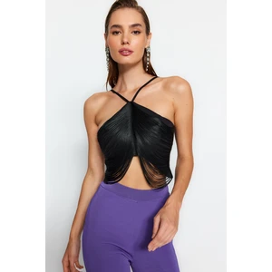 Trendyol crop top s třásněmi v černé barvě