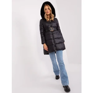 Black quilted winter jacket with belt