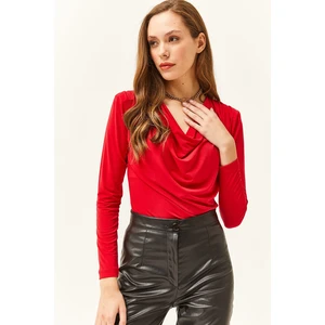 Olalook Women's Red Waistband Pleated Roll Up Collar Blouse