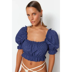 Trendyol Blue Crop 100% Cotton Blouse with Balloon Sleeves