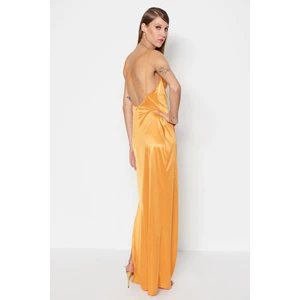 Trendyol Orange Knitted Satin Long Evening Evening Dress