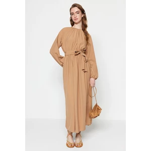 Trendyol Camel Belted Shirring Detailed Parachute Fabric Wide Fit Woven Dress