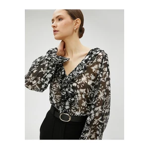 Koton Chiffon Blouse with Floral Rims V-Neck