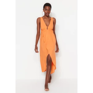 Trendyol Orange Midi Weave Pleated Beach Dress