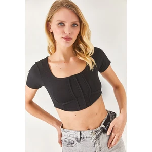 Olalook Women's Black Corset Square Collar Crop Top