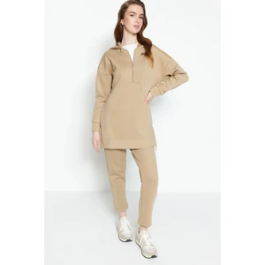 Trendyol Cream Front Zipper Soft Textured Scuba Knitted Tracksuit Set