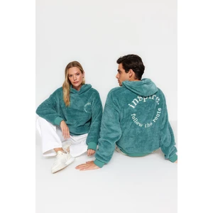 Trendyol Mint Unisex Oversize Hooded Long Sleeved Embroidered Lettering Thick Plush Sweatshirt.