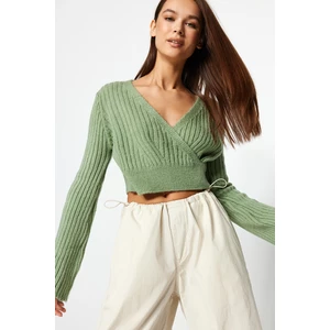 Trendyol Mint Crop Měkký texturovaný dvouřadý pletený svetr