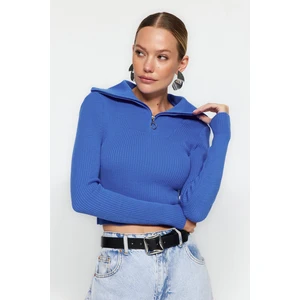 Trendyol Blue Crop Zips detailný pletený sveter