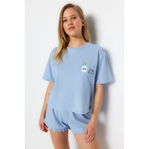 Trendyol Blue Cotton Printed T-shirt-Shorts Knitted Pajamas Set