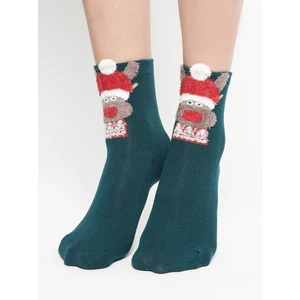 Socks with reindeer application in a green Christmas hat